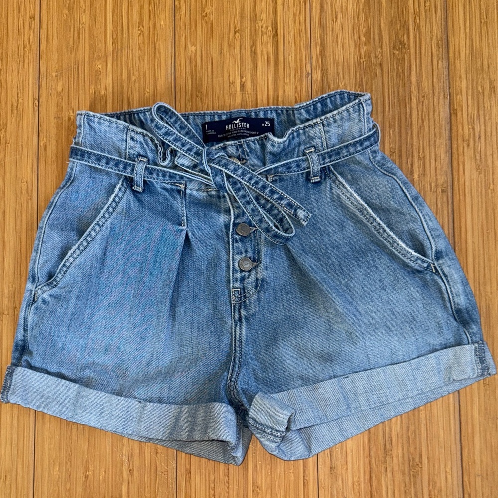 Hollister Light Blue High-Rise Paperbag Denim Shorts with Tie Waist